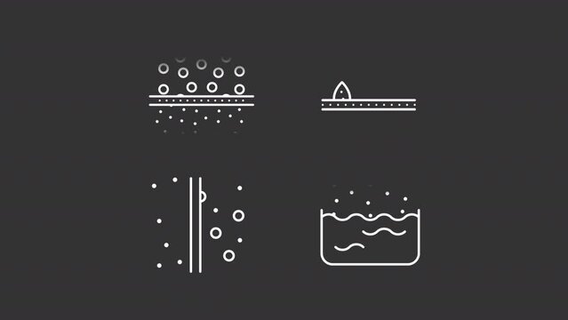 Filtration types animation library. Reverse osmosis membranes animated white line icons. Liquid distillation. Isolated illustrations on dark background. Transition alpha. HD video. Icon pack