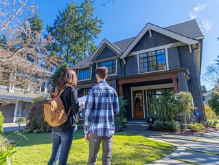 Prospective buyers looking at a real estate flyer outside and inside of the home.