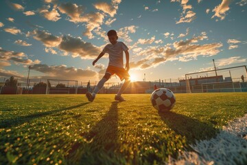 Young football player plays with sport ball on the modern football pitch during sunset