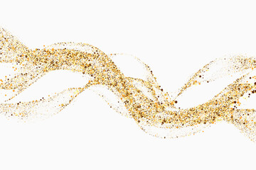 Golden shiny abstract wave,gold lines design element with glitter effect on white background.