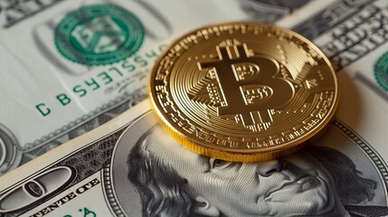 Golden bitcoin dominance over us dollar - Cryptocurrency ascendancy and financial evolution visualized with btc emblem and paper currency background