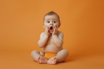 Funny Portrait of surprised sitting newborn baby with bulging big eyes on color background
