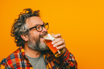 Funny excited middle aged man drinks a beer
