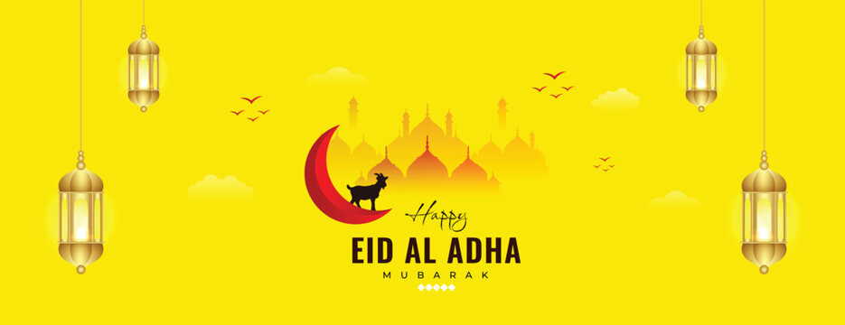 Bakrid eid al adha festival wishes or greeting banner design with mosque, sheep, moon, yellow background social media wishing banner vector illustration