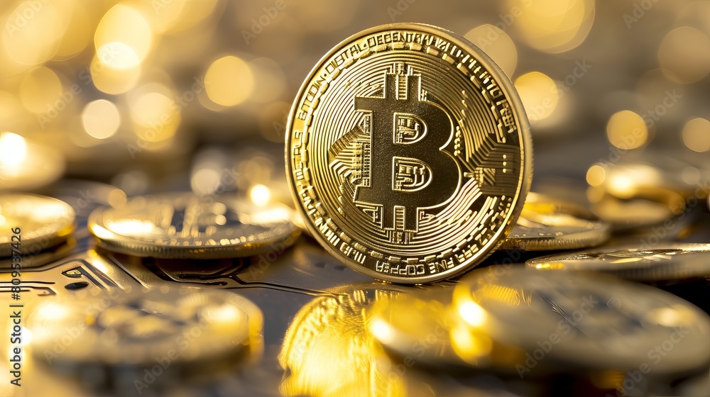 Poster shimmering gold bitcoin coin symbolizing the future of finance - a conceptual representation of cryp