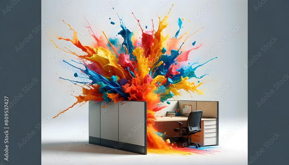 Poster embody 'thinking outside the box' with a high impact and colorful approach, featuring an office cubi