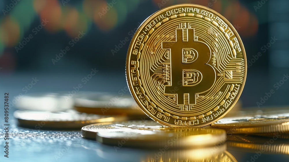 Poster shimmering gold bitcoin coin symbolizing the future of finance - a conceptual representation of cryp