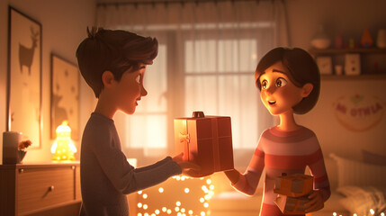 With solid white background, a son surprises his mother with square box and chocolates in the warmly lit room on Mother's Day.