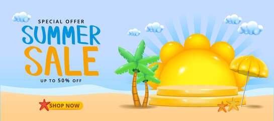 summer sale banner template with beach and sea water, bigsun, Coconut trees, palm leaves and blue sky with clouds.