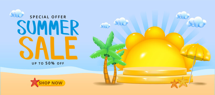summer sale banner template with beach and sea water, bigsun, Coconut trees, palm leaves and blue sky with clouds.