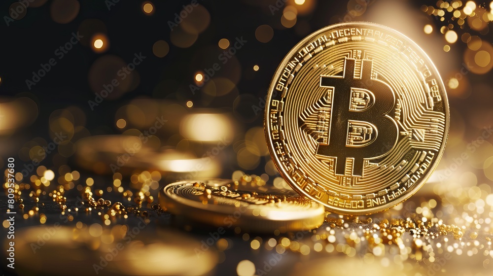 Poster shimmering gold bitcoin coin symbolizing the future of finance - a conceptual representation of cryp