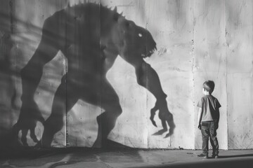 strong kid stand near wall with monster shadow