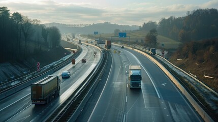 Trucks, lorries and traffic on newly laid highway, motorway