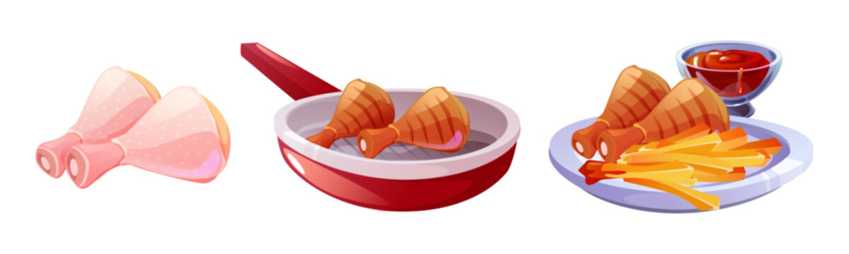 Cooking process steps of chicken drumstick roasting on grill pan. Cartoon vector illustration of bbg poultry meat preparing - raw legs, fried in skillet and ready to eat on plate with ketchup sauce.