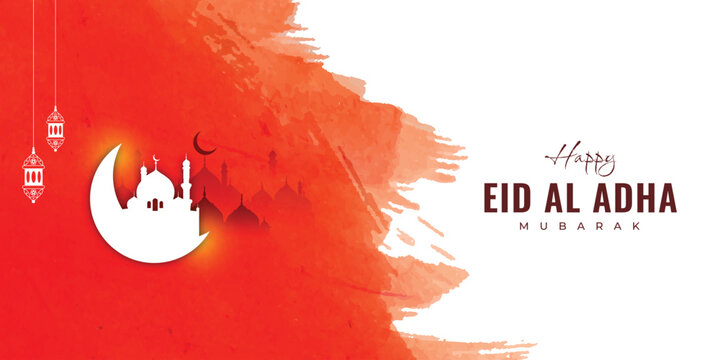 Happy Eid al adha wishes or greeting red orange Islamic watercolor background banner design with , lamp, mosque, social media eid mubarak wishing, sale, offer advertisement, design vector file