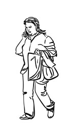 A walking plump woman carrying a bag and outerwear on her arm, talking on a mobile phone, Vector sketch isolated, Hand drawn illustration