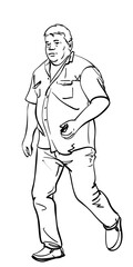 Hand drawing of a walking overweight adult man with a big belly in casual street wear, Vector sketch isolated, Hand drawn illustration