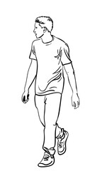 Hand drawing of a young man in a T-shirt walking and looking to the side, his back is slightly hunched over, Vector sketch isolated, Hand drawn illustration