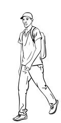 Line drawing of a walking young man in a cap and with a backpack, Vector sketch isolated, Hand drawn illustration