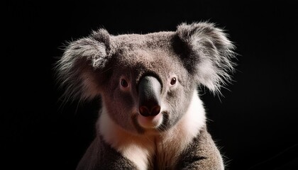 koala close up head on black background