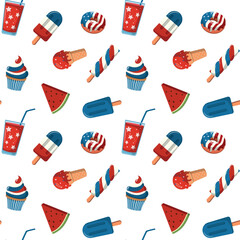 4th of July seamless pattern. American Independence Day theme. Treats in colors of the US national flag. Vector illustration on white background.