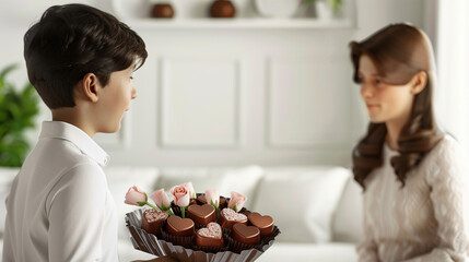 Against a crisp white backdrop, a son surprises his mother with heart-shaped chocolates and a bouquet of flowers in the living room on Mother's Day.