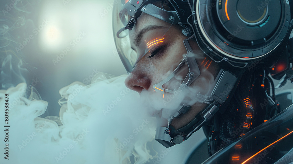 Poster cyborg with ai tech head and steaming , space for your text