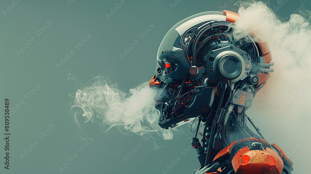 Poster cyborg with ai tech head and steaming , space for your text