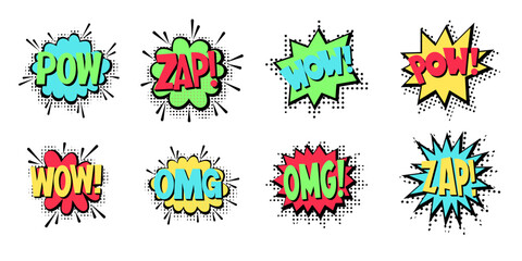 Set comic speech bubbles with text POW, WOW, OMG and ZAP.