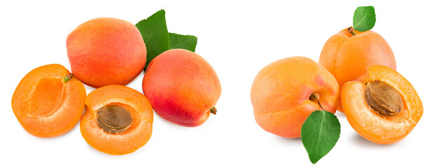 apricot fruits with green leaf isolated on white background. clipping path