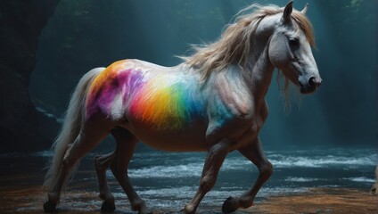 Vibrant CentaurSparkling Rainbow Mane Galloping in Fantasy World