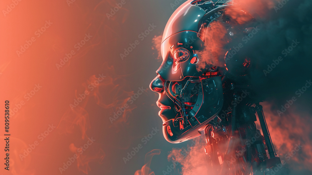 Poster cyborg with ai tech head and steaming , space for your text