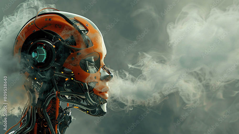 Poster cyborg with ai tech head and steaming , space for your text