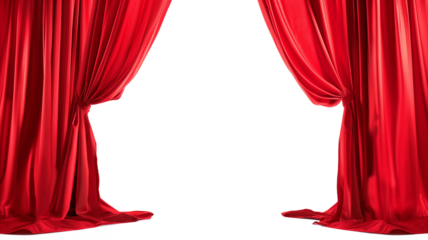 Open red stage curtains isolated on a transparent background