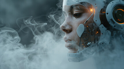 cyborg with Ai tech head and steaming , Space for your text