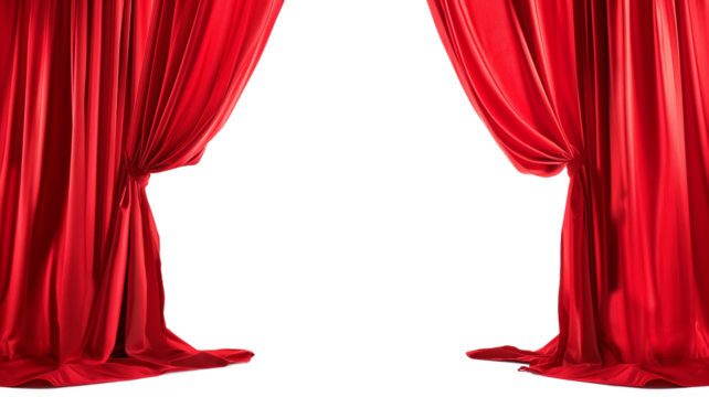 Open red stage curtains isolated on a transparent background