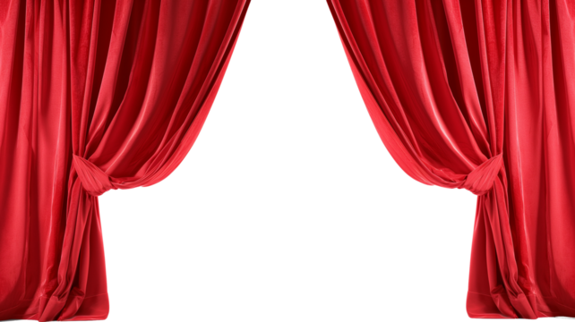 Open red stage curtains isolated on a transparent background - Powered by Adobe