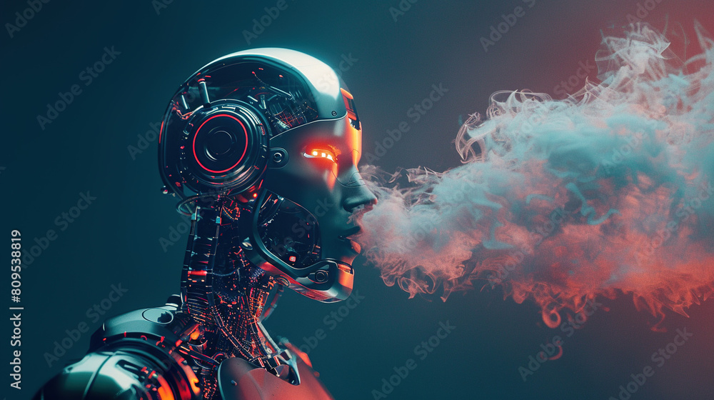 Poster cyborg with ai tech head and steaming , space for your text
