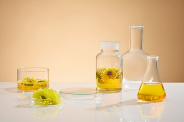 Various types of laboratory items with yellow essence extract from calendula placed evenly on white...