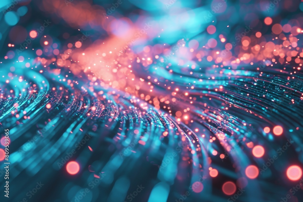 Poster Data flow concept background, Network security, Wave of dots, and weave lines. Abstract Background for design on the topic of cyberspace, AI generated