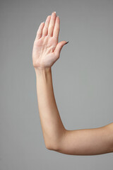 Raised Left Hand Against a Plain Gray Background Demonstrating a Gesture