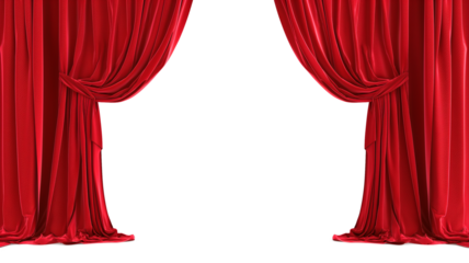 Open red stage curtains isolated on a transparent background