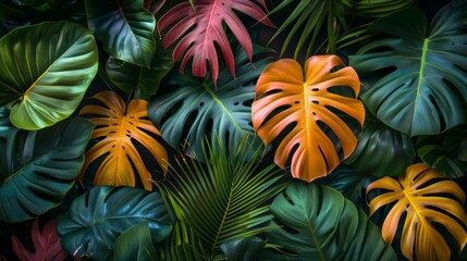 Lush green and orange monstera leaves creating a vibrant tropical backdrop