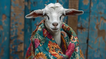 mini goat wearing beautiful cloth