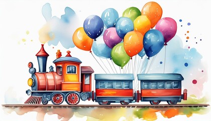 Watercolor train with party balloons kid illustration