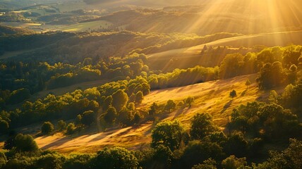  A panoramic view of rolling hills bathed in golden sunlight, with patches of dense forest and meandering streams. . 
