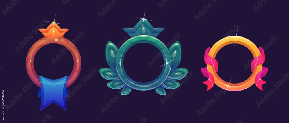 Poster gold circle avatar badge icon for ui game design. empty rank border with crown for medieval interfac