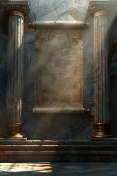 vintage parchment scroll on a marble base with pillars in the back, majestic and backlighting, 3d rendering, shining rays