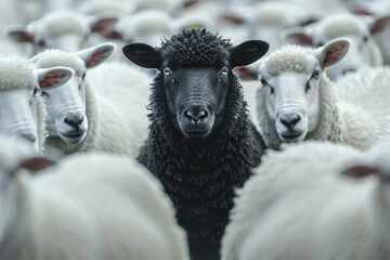Obraz premium A black sheep among a flock of white sheep, raising head as a leader. Being different and unique with its own identity and special skills among the others