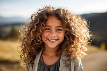 Close up portrait of a beautiful young girl with curly hair in the park